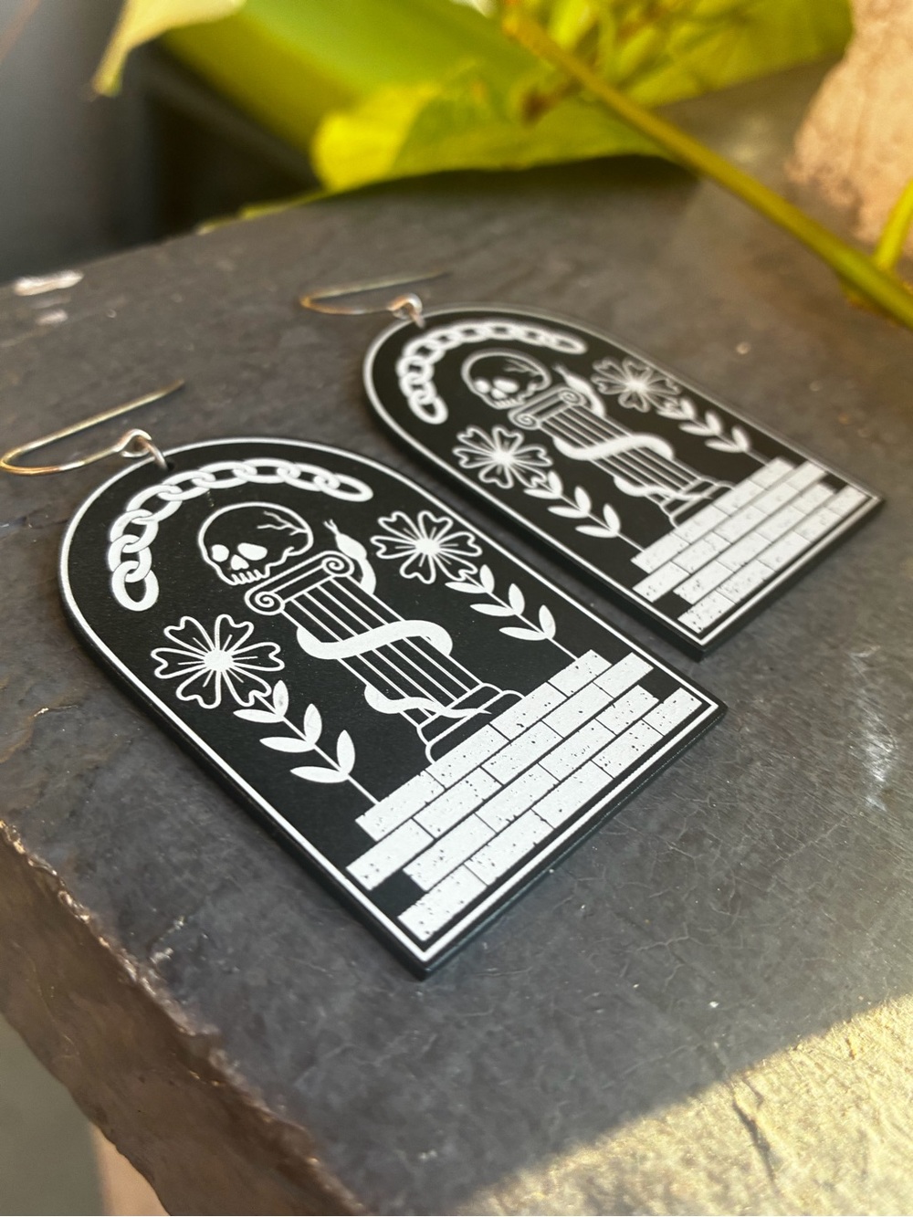 While Odin Sleeps Black & White Gothic Arch Titanium Earrings